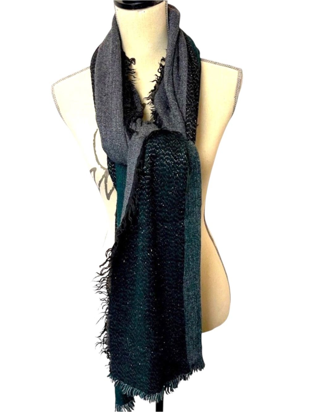 Motel (Made in Italy) Green/Black/Grey Metallic Thread Wrap Scarf (21x80)
